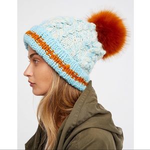 Free People Blue and Orange Knit Pom-Pom Hat